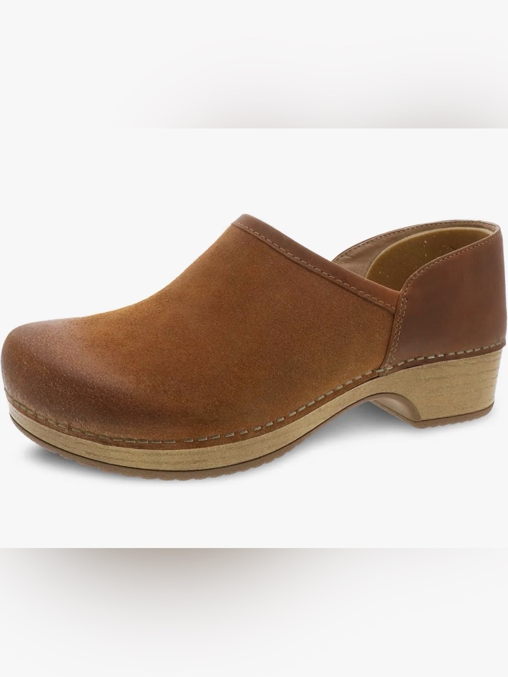 Dansko Women’s Brenna Tan Burnished Suede and Leather Clog